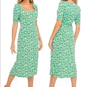 All In Favor Women M Green White Poppy Floral Puff Sleeve Square Neck Midi Dress